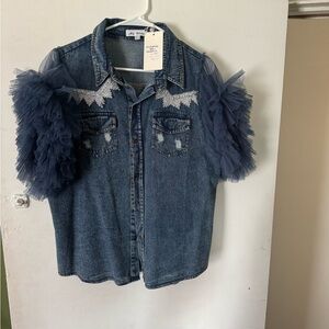 Denim Button-Up Shirt with Navy Tulle Puff Sleeves